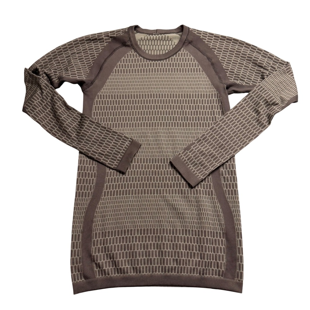 Lululemon Swiftly Tech Long Sleeve Shirt Brown Tan Grid Pattern Thumbholes Sz 4